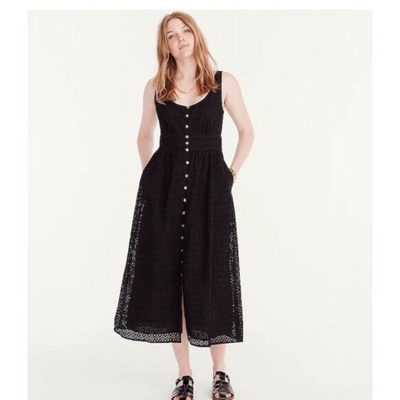 J. Crew Button Front Eyelet Midi Dress Womens 16 Black Cotton Summer Smocked - Picture 2 of 8